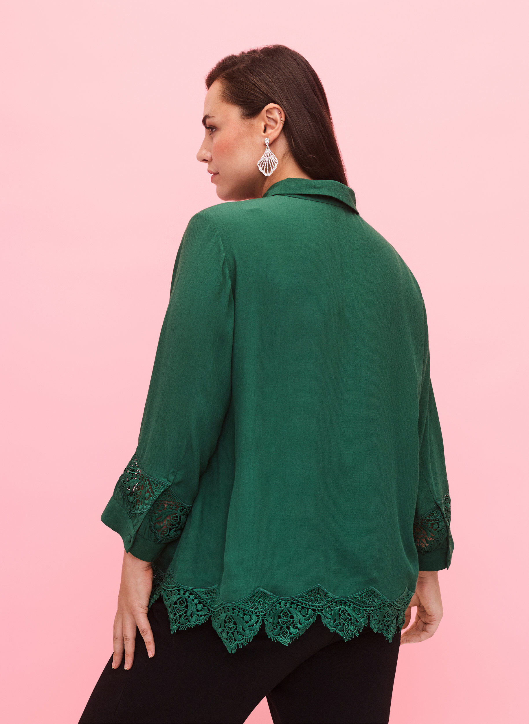 Zizzifashion Viscose shirt with 3/4 sleeves and embroidery details, Hunter Green, Model image number 1
