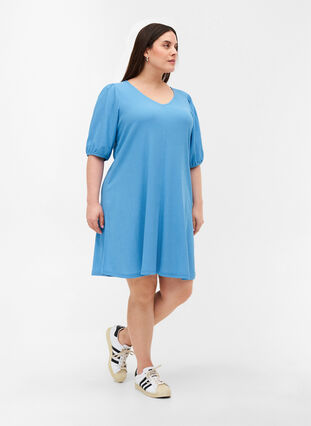 Dress with puff sleeves and V-neck, Azure Blue, Model image number 2