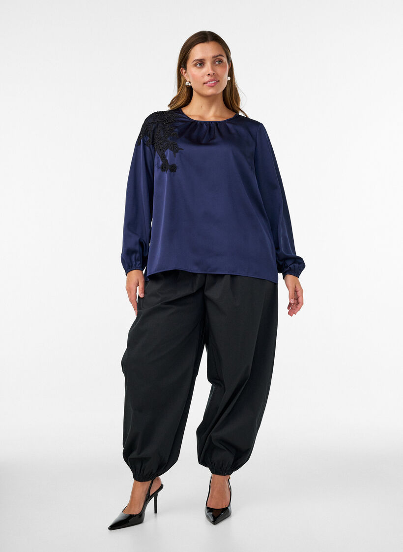 Satin blouse with lace appliqu&eacute; and pearls, Blue, Model image number 1