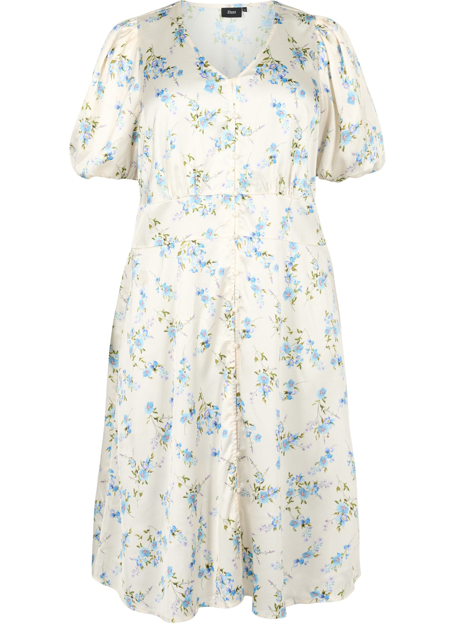 Zizzifashion Floral satin dress with puff sleeves, Off White Blue Fl., Packshot image number 0