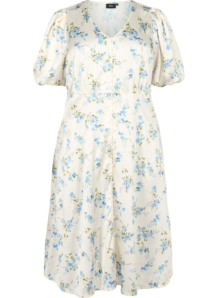 Floral satin dress with puff sleeves, Off White Blue Fl., Packshot image number 0