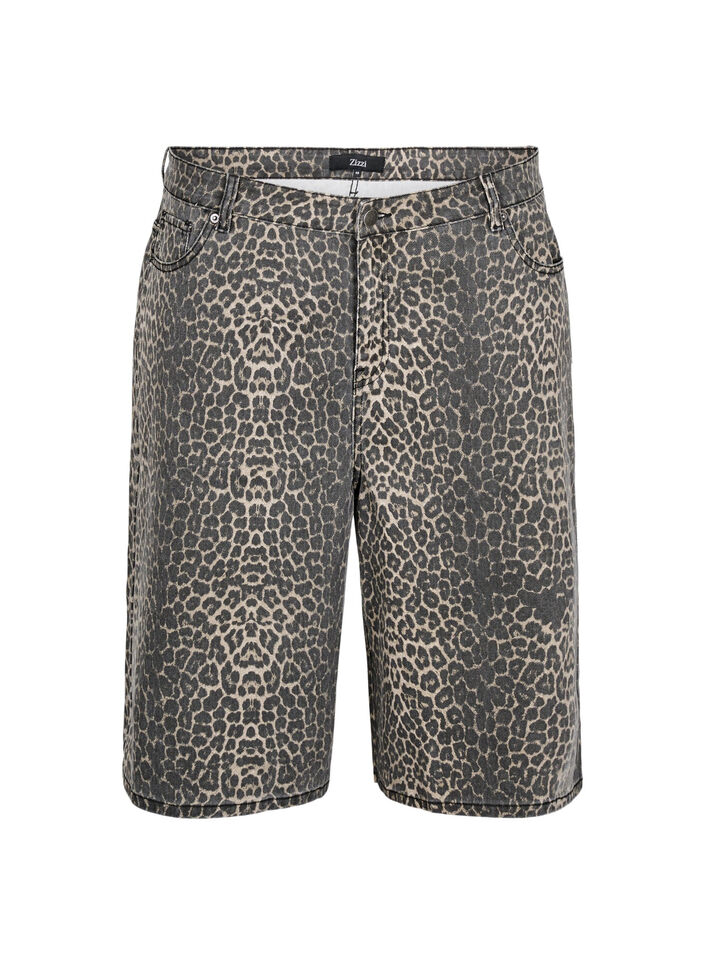 Leopard print denim Bermuda shorts, Brown, Packshot image number 0