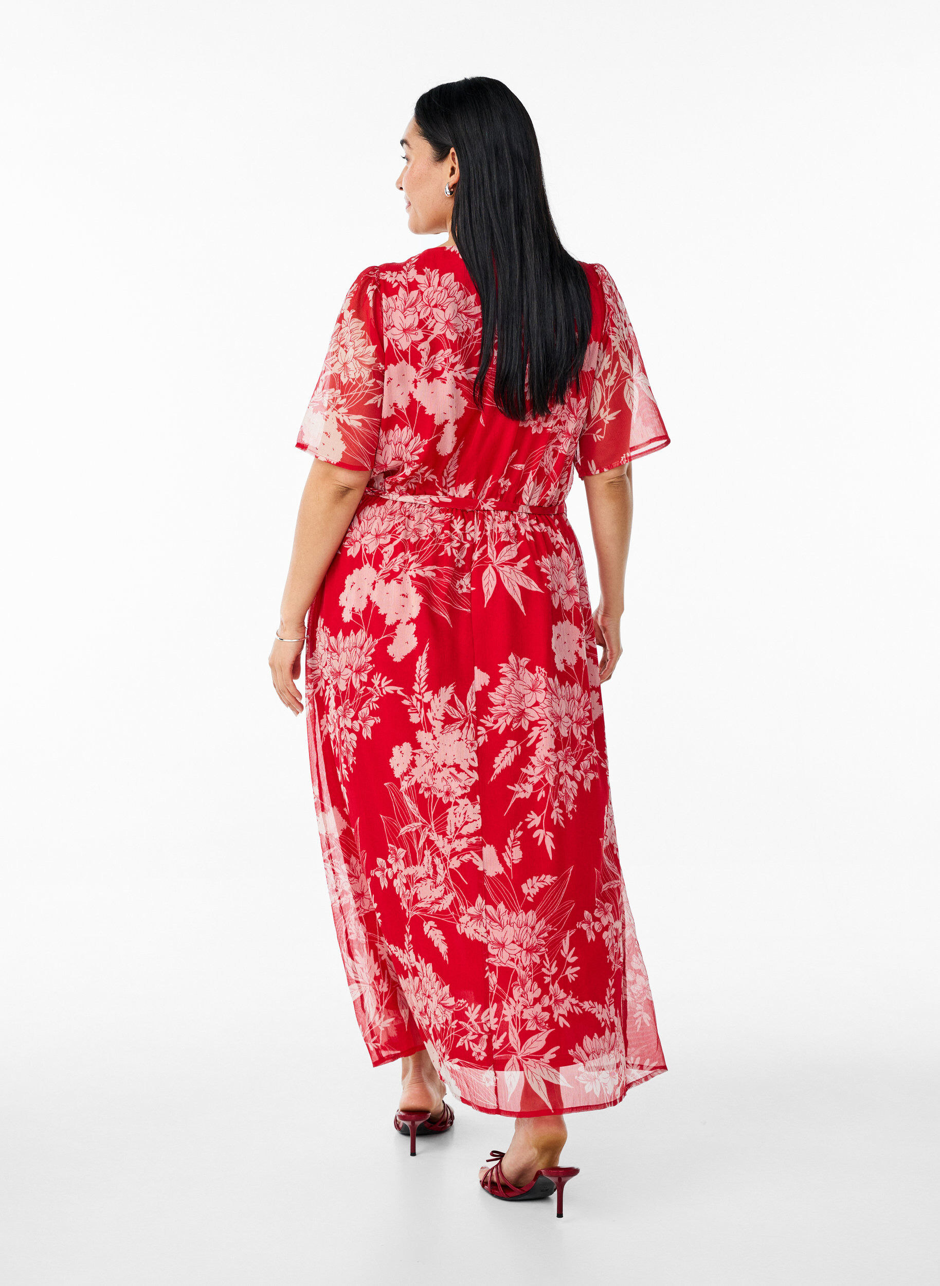 Zizzifashion Long chiffon dress with floral print, Red Flower AOP, Model image number 1