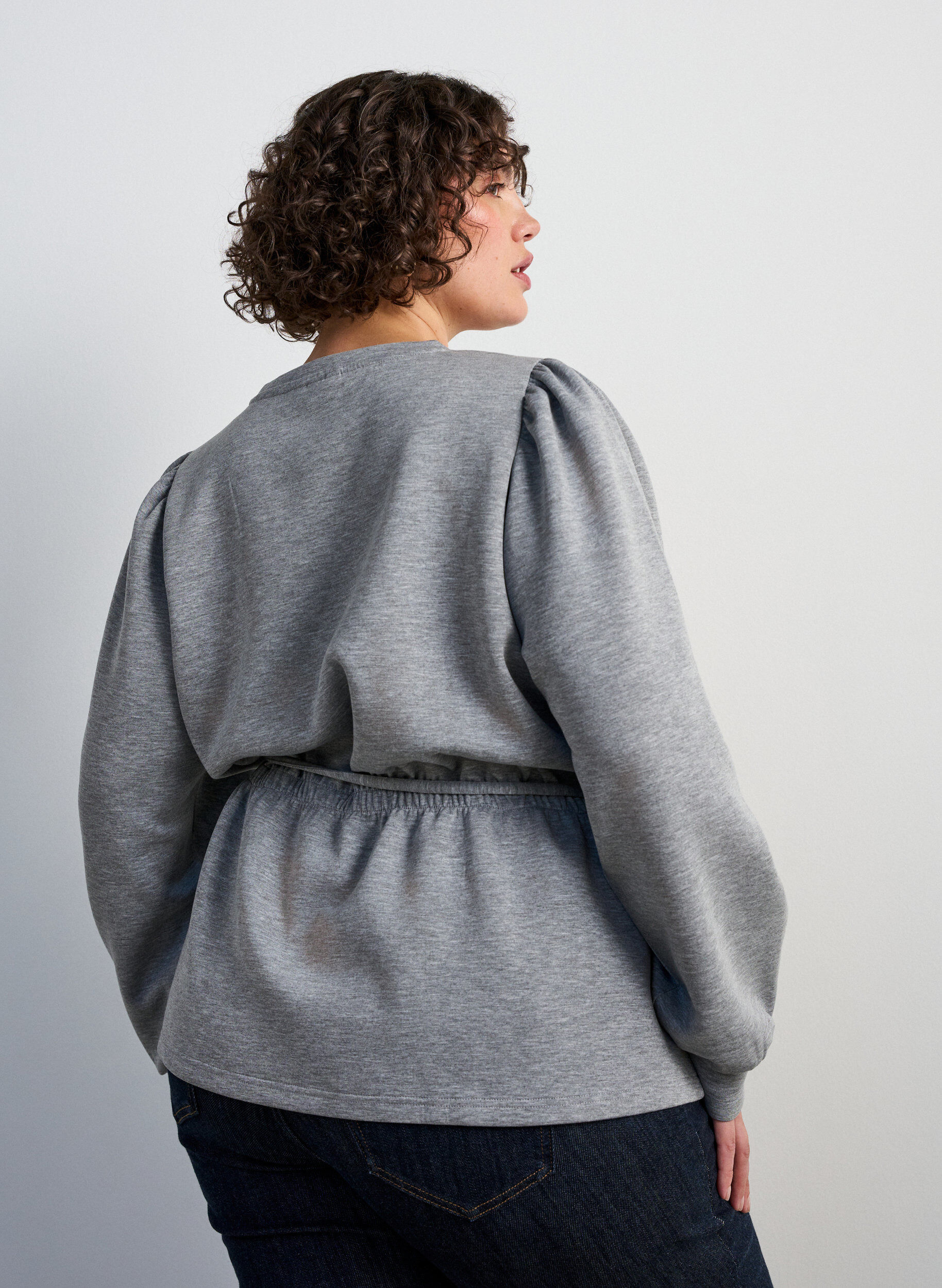 ZizzifashionBlouse with tie and puff sleeves, Grey, Model image number 2