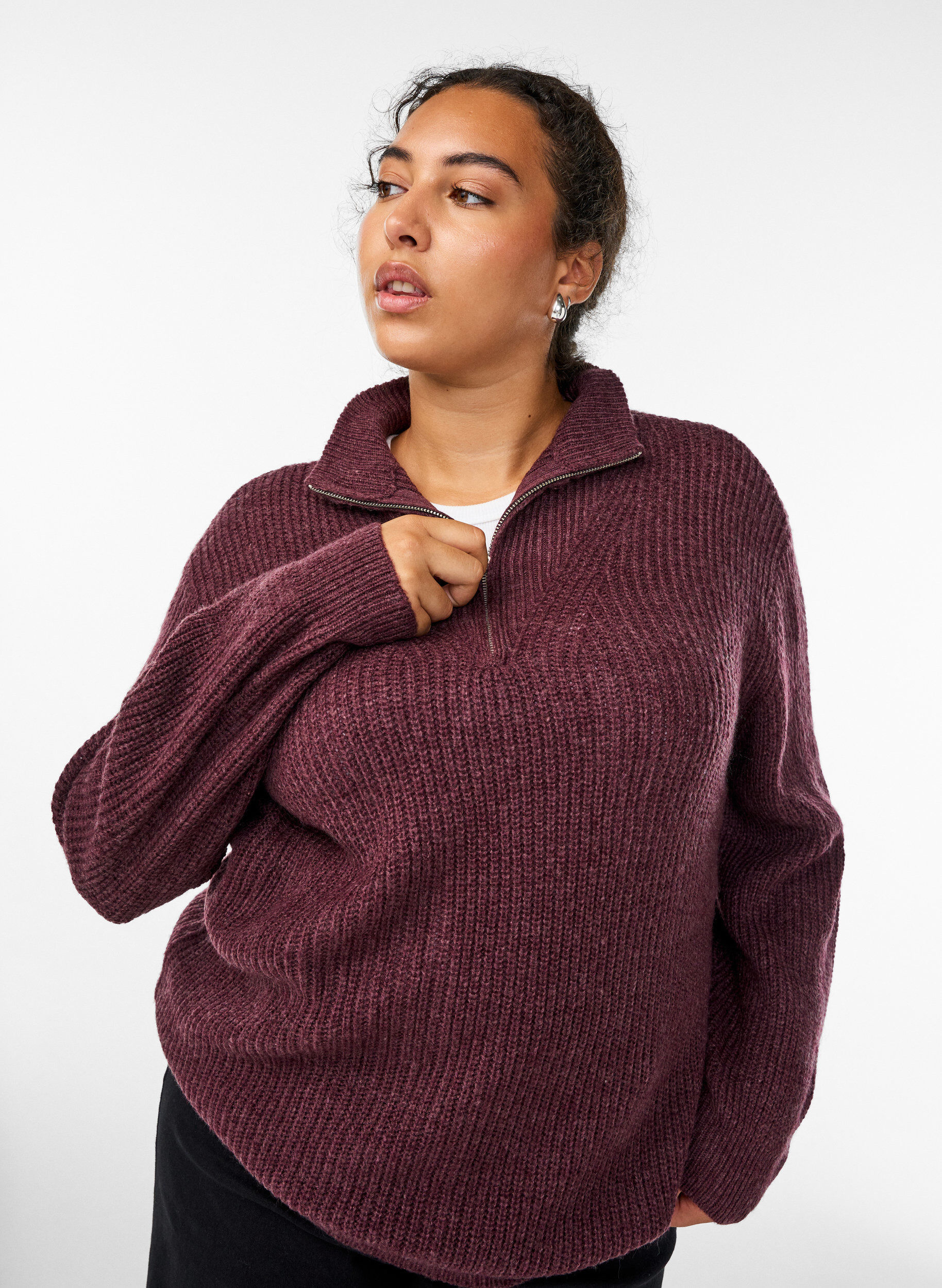 ZizzifashionKnitted sweater with high neck and zipper, Red, Model image number 4
