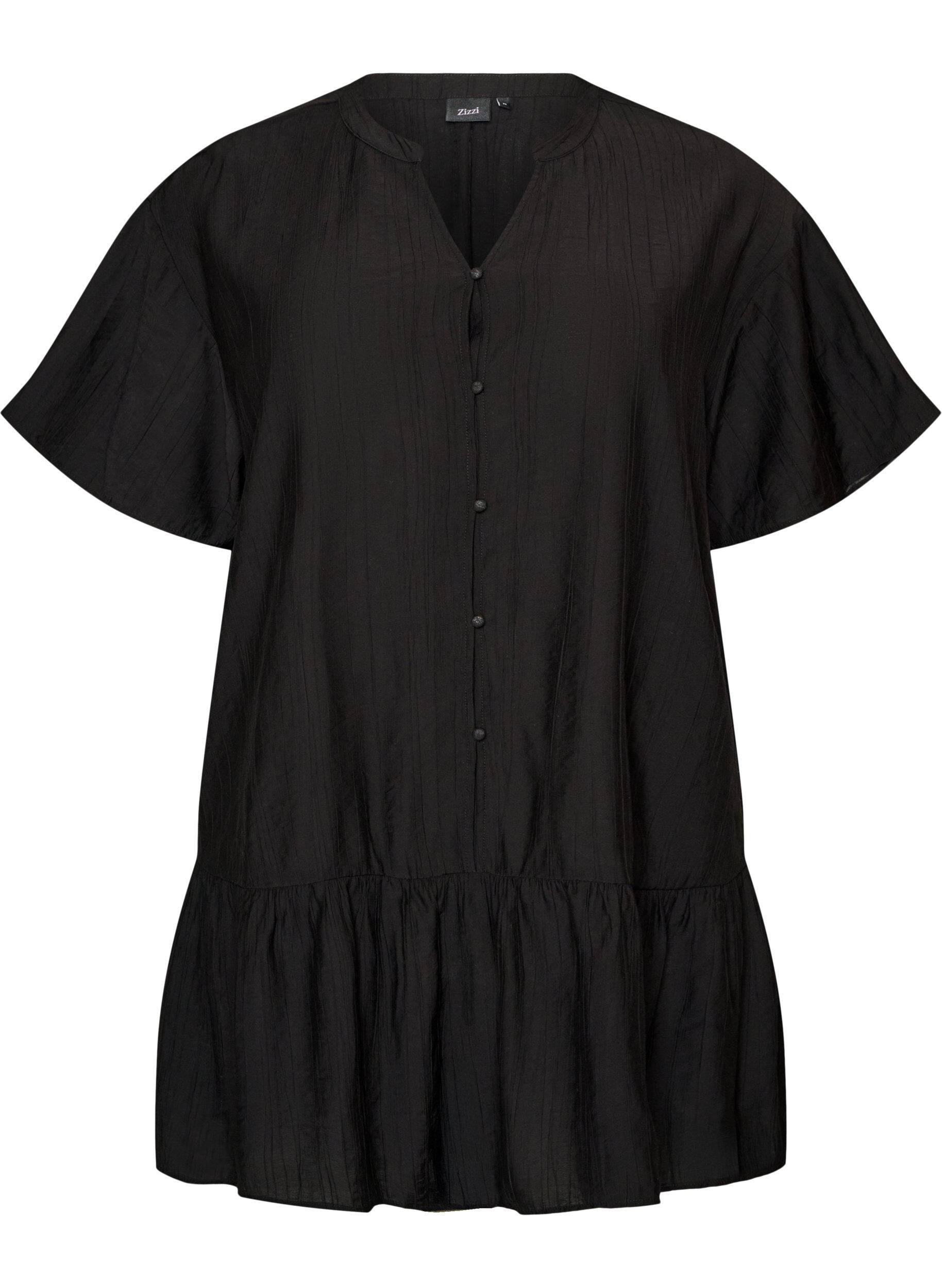 Zizzifashion Loose tunic with crinkled texture and ruffle hem, Black, Packshot image number 0