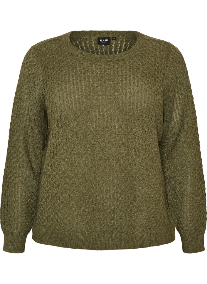 Knitted blouse with a textured openwork pattern, Green, Packshot image number 0