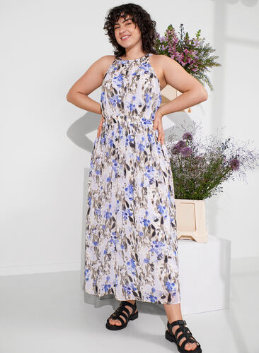 Floral maxi dress with pleats, Blue Flower AOP, Image image number 0
