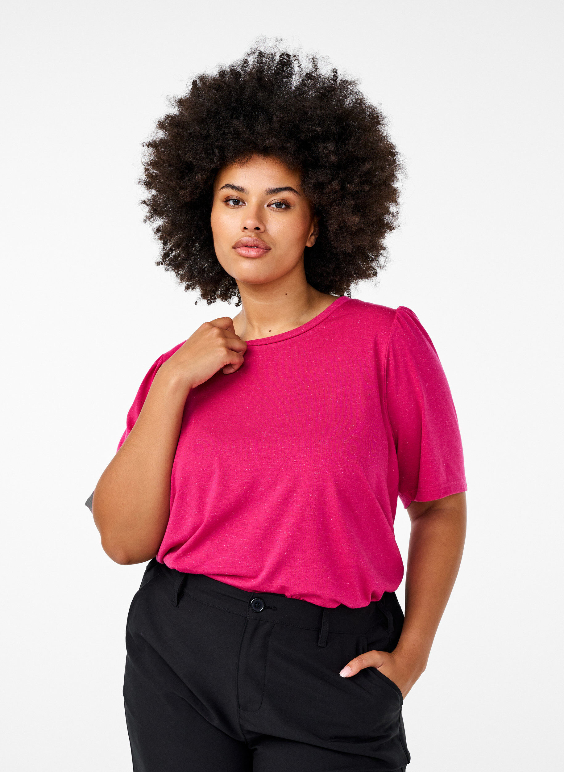 Zizzifashion T-shirt with glitter and short puff sleeves, Pink, Model image number 0