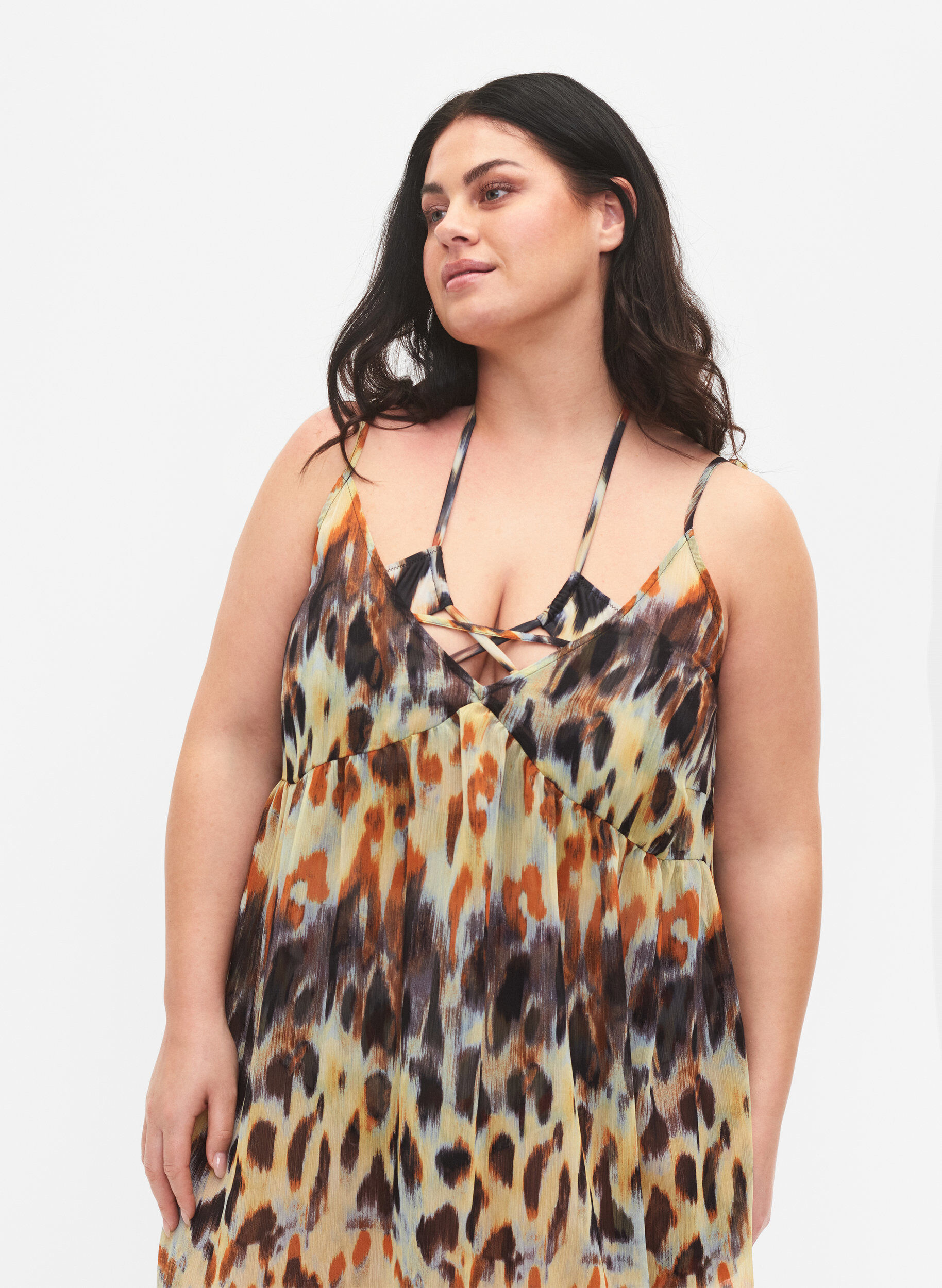 Zizzifashion Leopard printed beach dress with straps, Abstract Leopard, Model image number 2