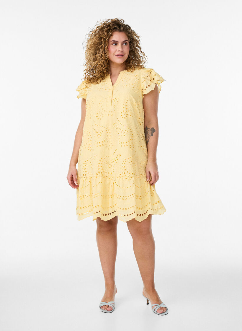 Broderie anglaise dress with ruffle sleeves, Yellow, Model image number 1