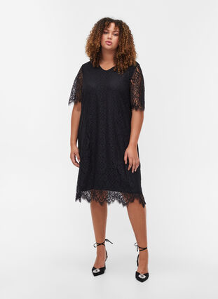 Short-sleeved v-neck lace dress, Black, Model image number 3