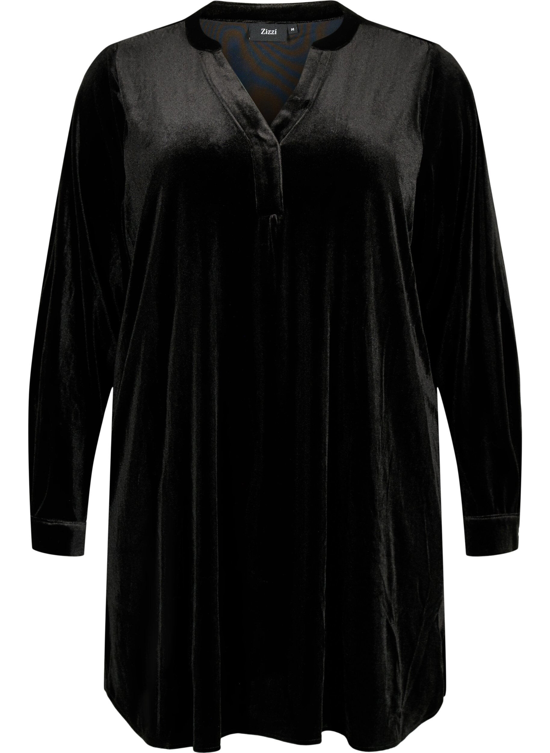 Zizzifashion Long sleeve velour dress with v-neck, Black, Packshot image number 0