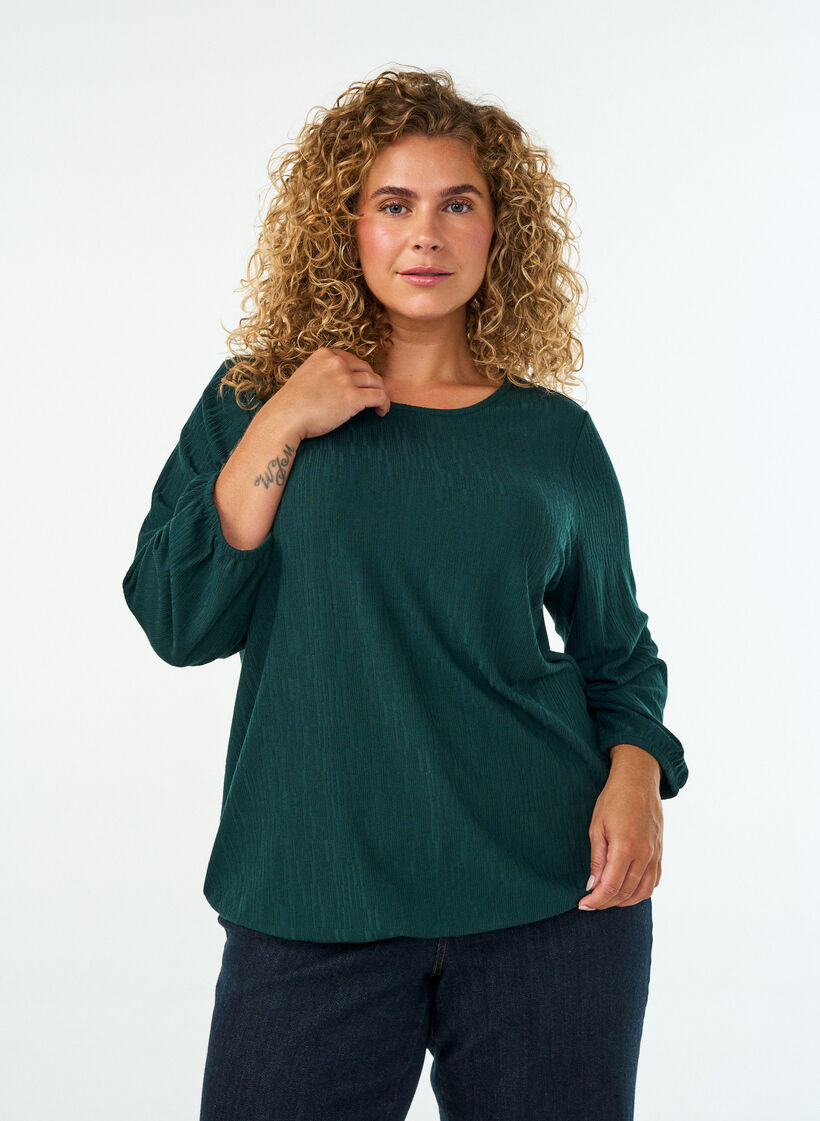 Blouse with texture and 3/4 sleeves, Green, Model image number 0