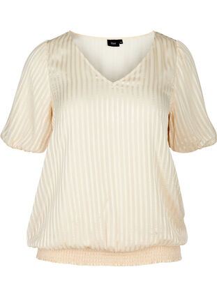Blouse with short puff sleeves and smocking, Creme , Packshot image number 0
