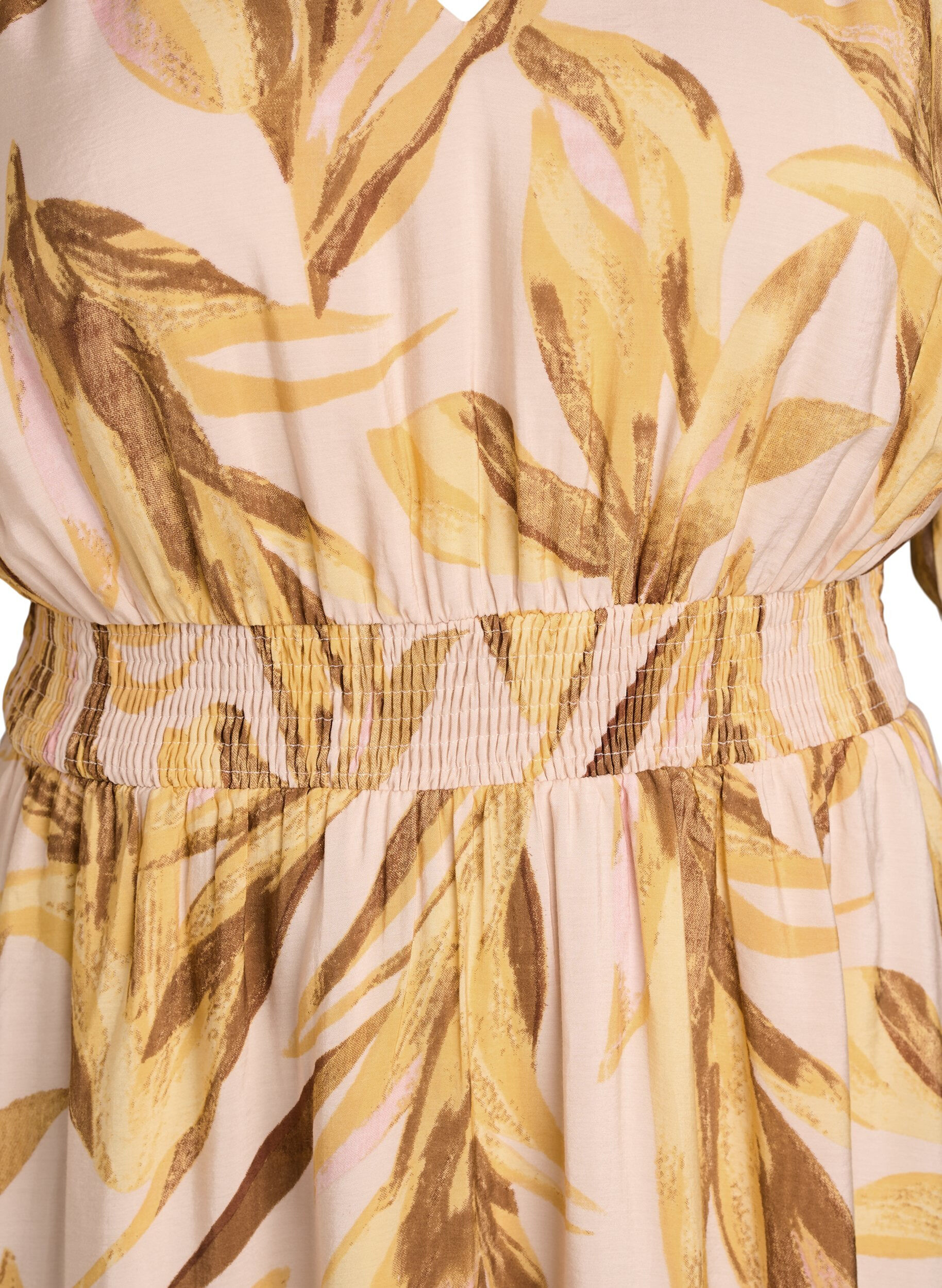 Zizzifashion Viscose midi dress with leaf print and smocked waist, Yellow, Packshot image number 2