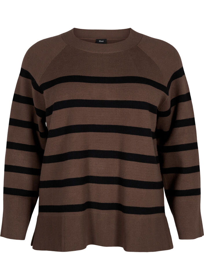 Striped knitted blouse with round neck, Carafe w. black , Packshot image number 0
