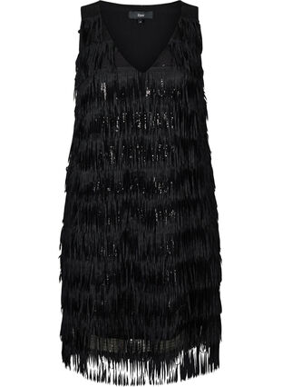 Fringed dress with sequins, Black, Packshot image number 0