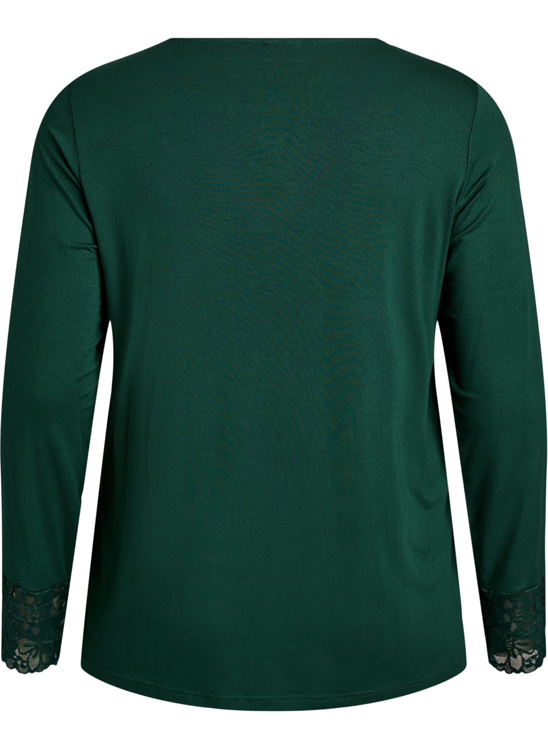Zizzifashion Long-sleeved pyjama top with lace details, Green, Packshot image number 1