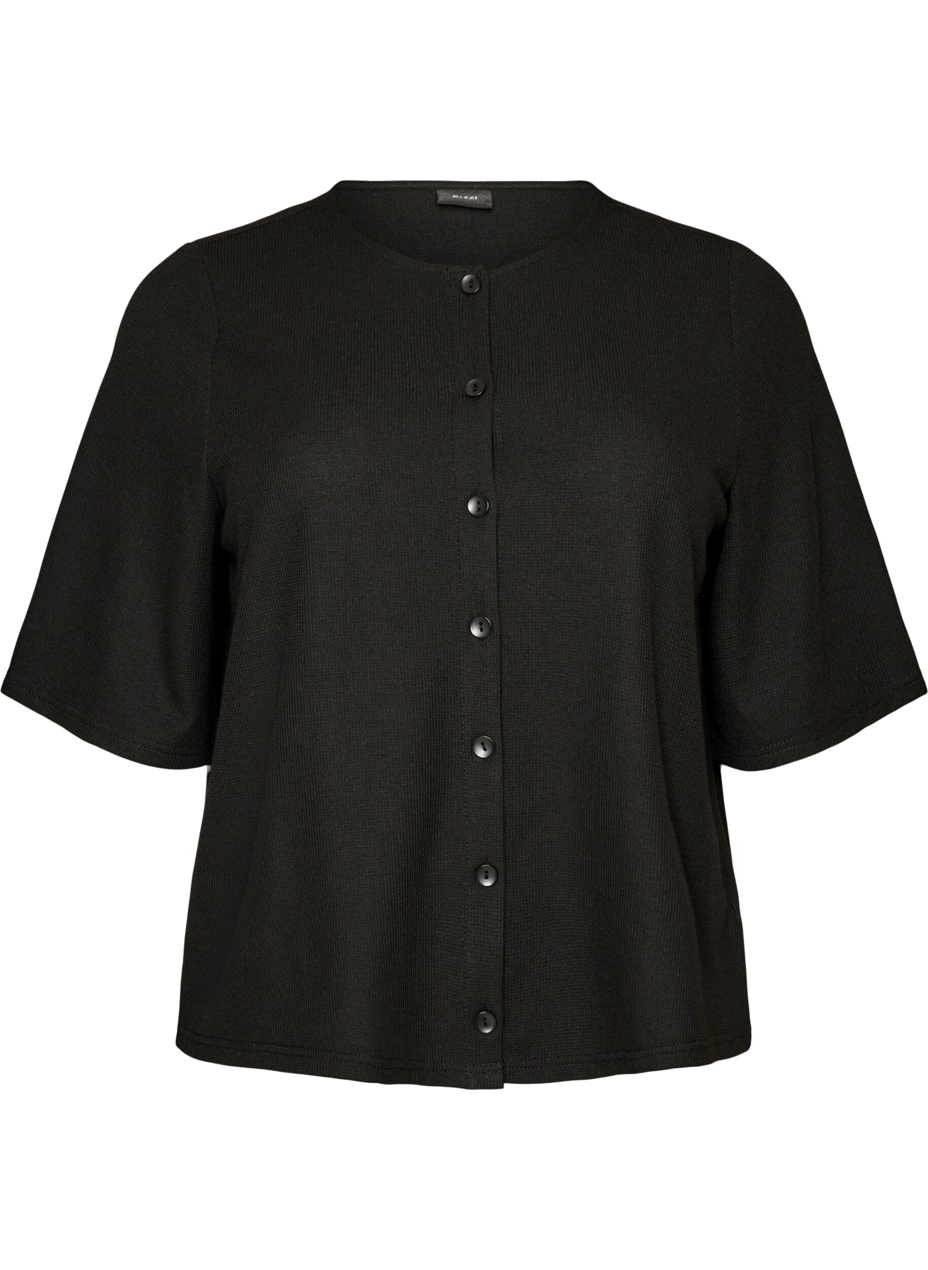 Zizzifashion Blouse with a ribbed texture and button closure, Black, Packshot image number 0