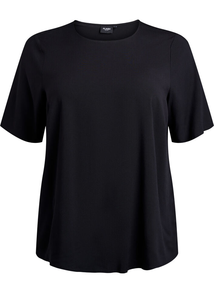 FLASH - Short-sleeved woven blouse with round neck, Black, Packshot image number 0