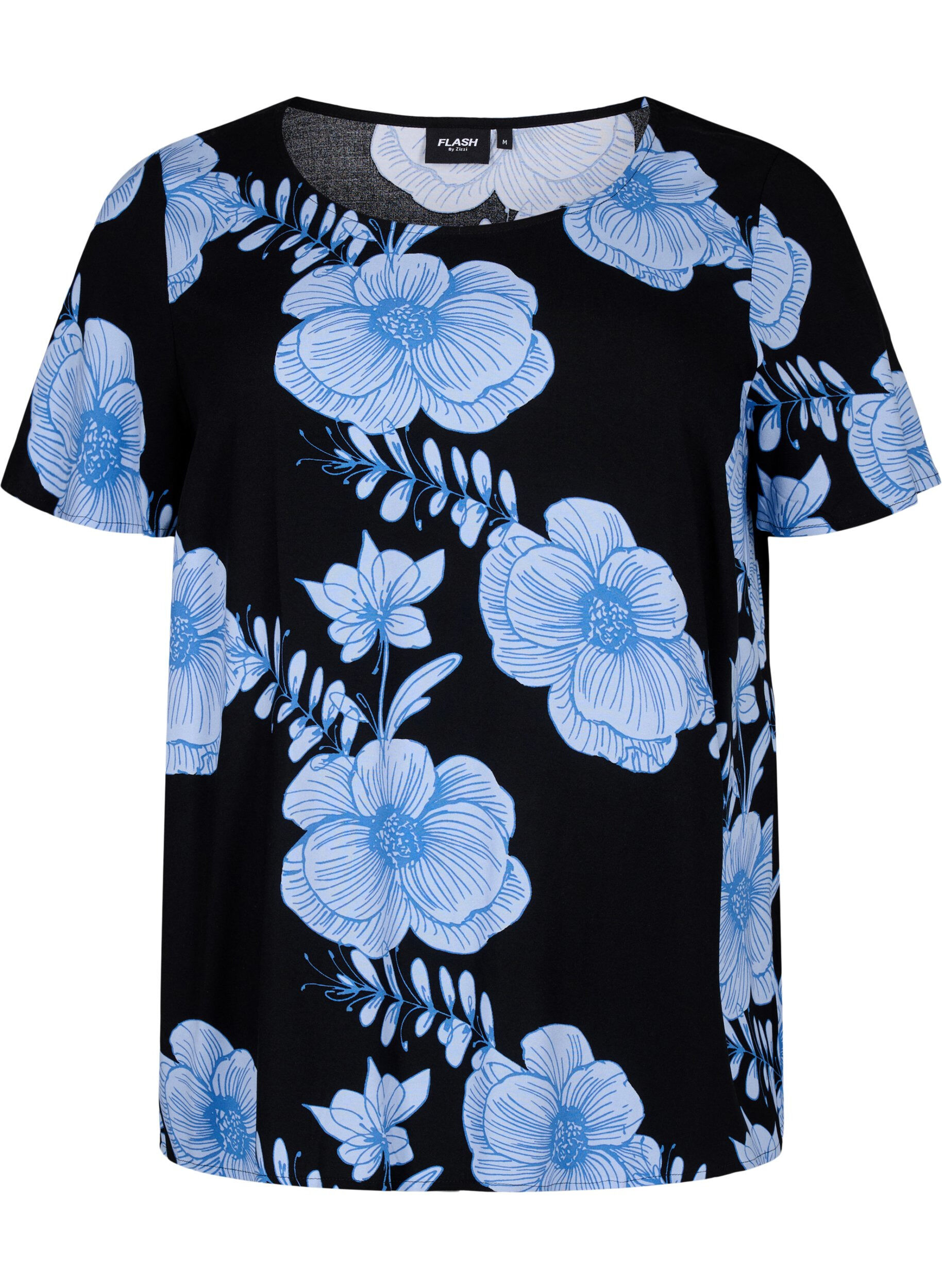 Zizzifashion FLASH - Short sleeve viscose blouse with print, Black, Packshot image number 0