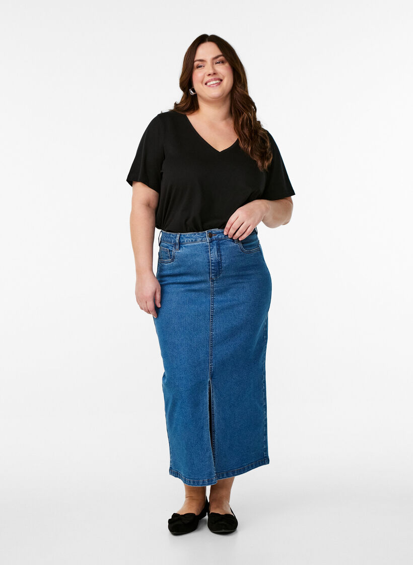 FLASH - Midi denim skirt with a front slit, Blue, Model image number 0