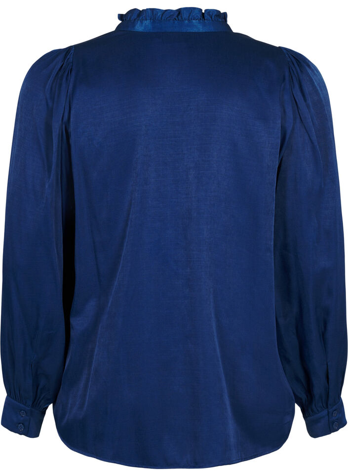 Long-sleeved blouse with ruffles and v-neck, Estate Blue, Packshot image number 1