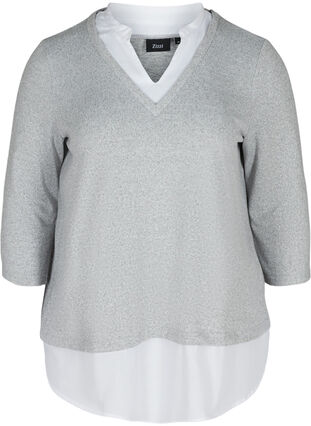 Mottled blouse with 3/4 sleeves and shirt details, Light Grey Melange, Packshot image number 0