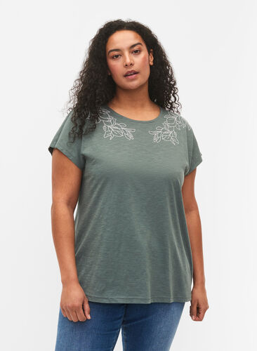 Cotton t-shirt with leaf print, Balsam Green Leaf, Model image number 0