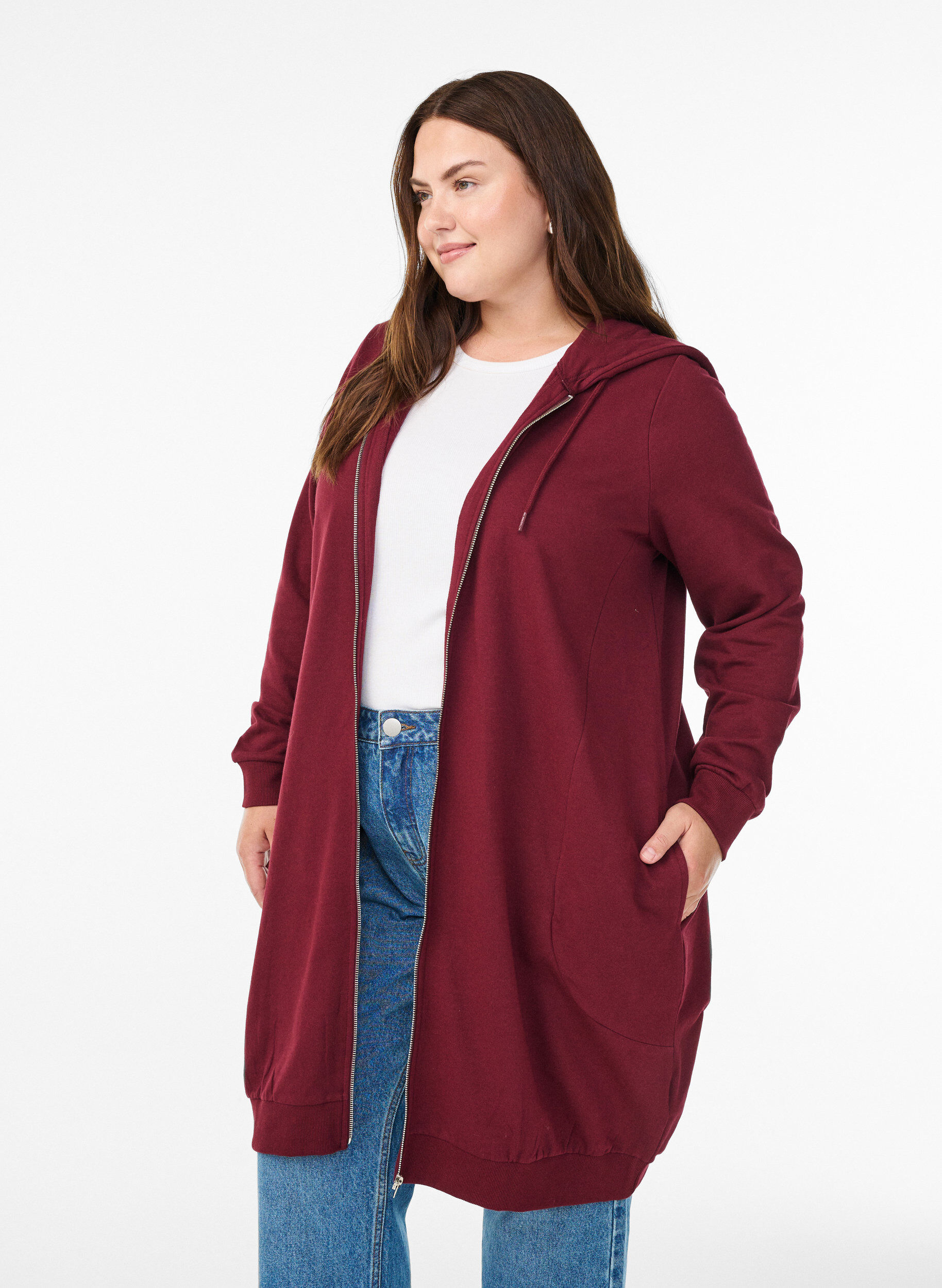 Zizzifashion Long cotton sweat cardigan with hood, Dark Bordeaux, Model image number 0