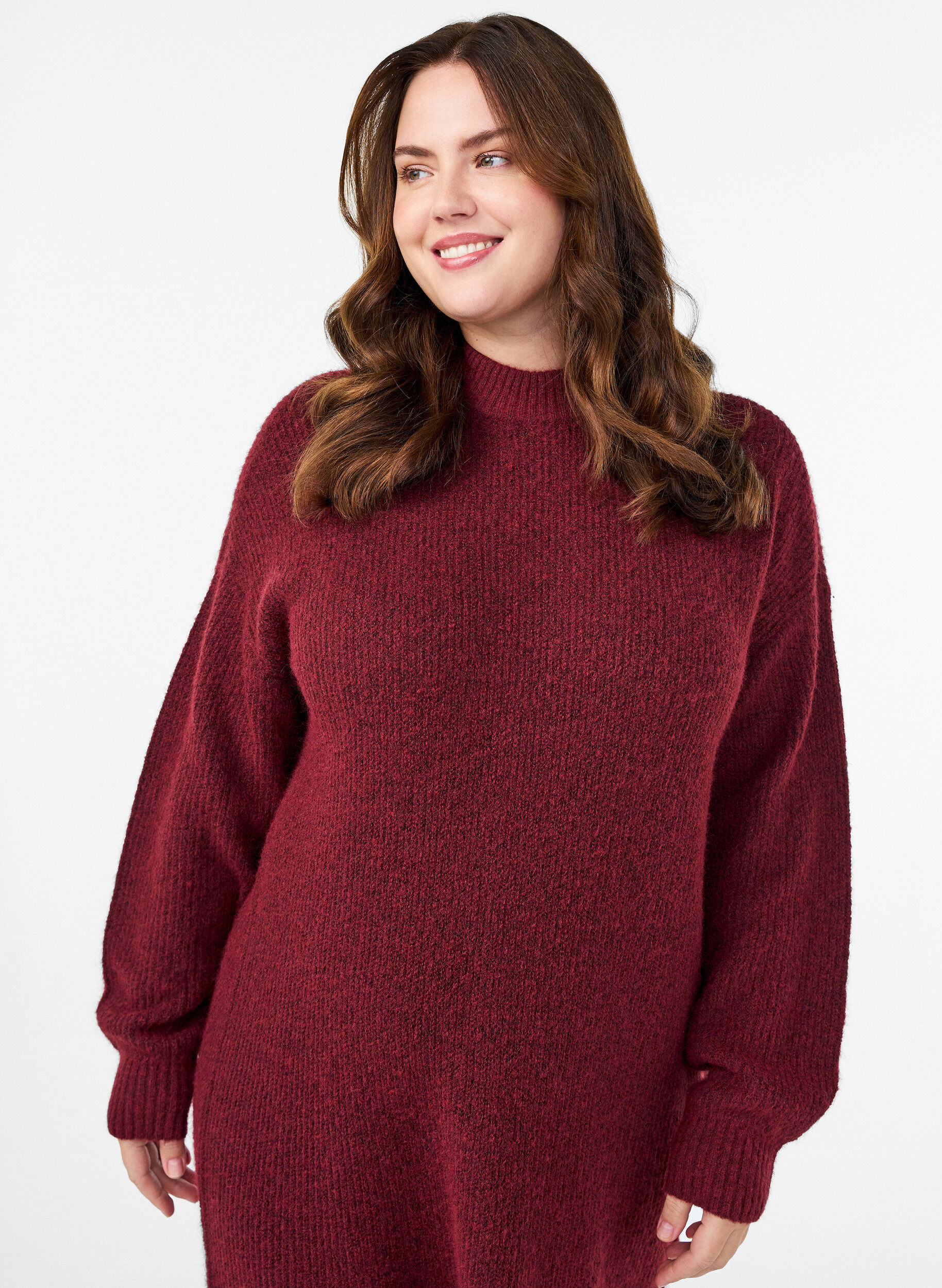 Zizzifashion Long knitted dress with high neck, Red, Model image number 2