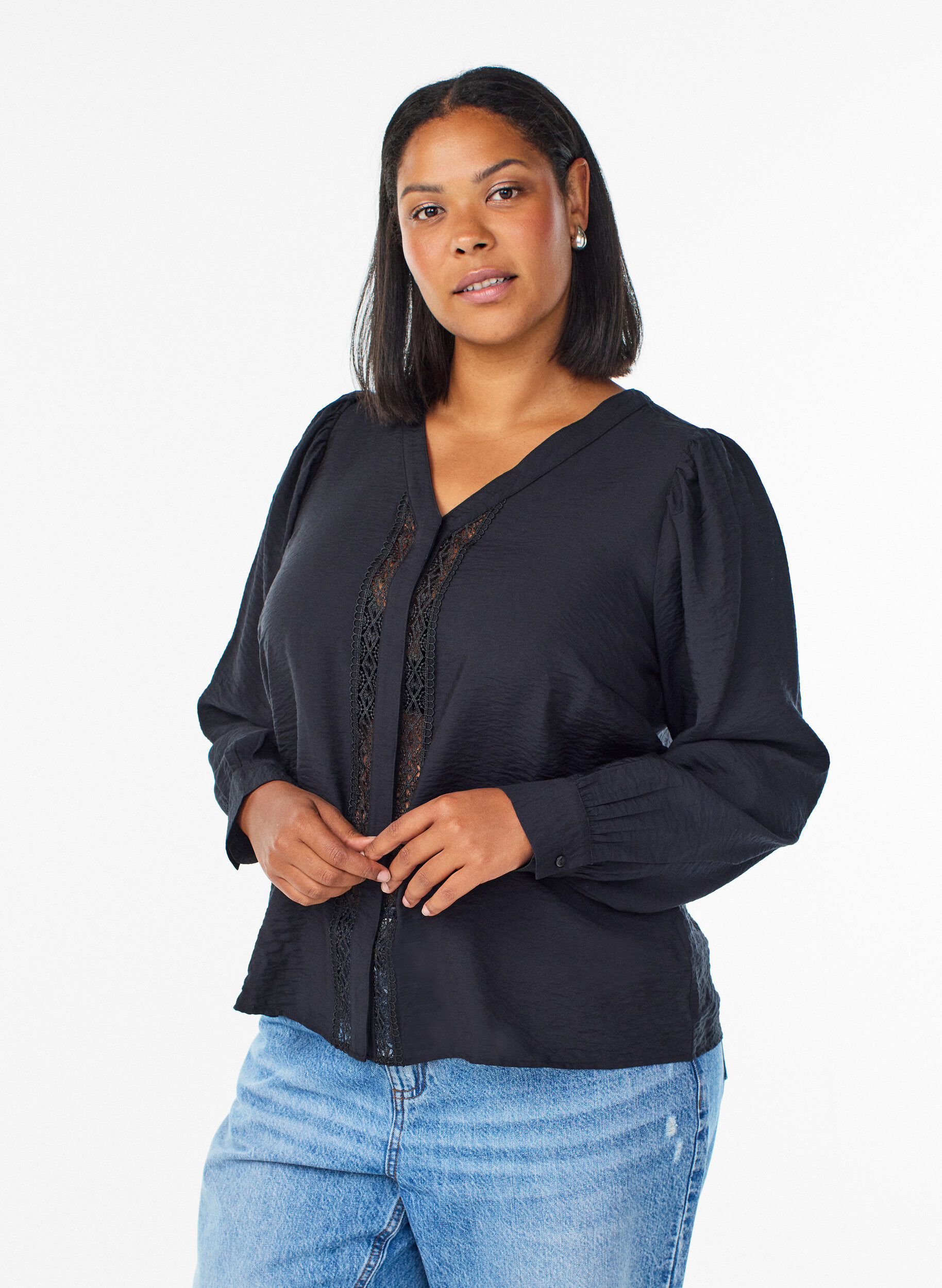 Blouse with V-neck and embroidered bands, Black, Model