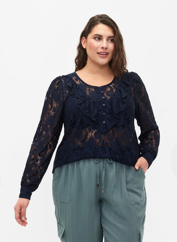 Lace top with frill detail, Navy, Model image number 0