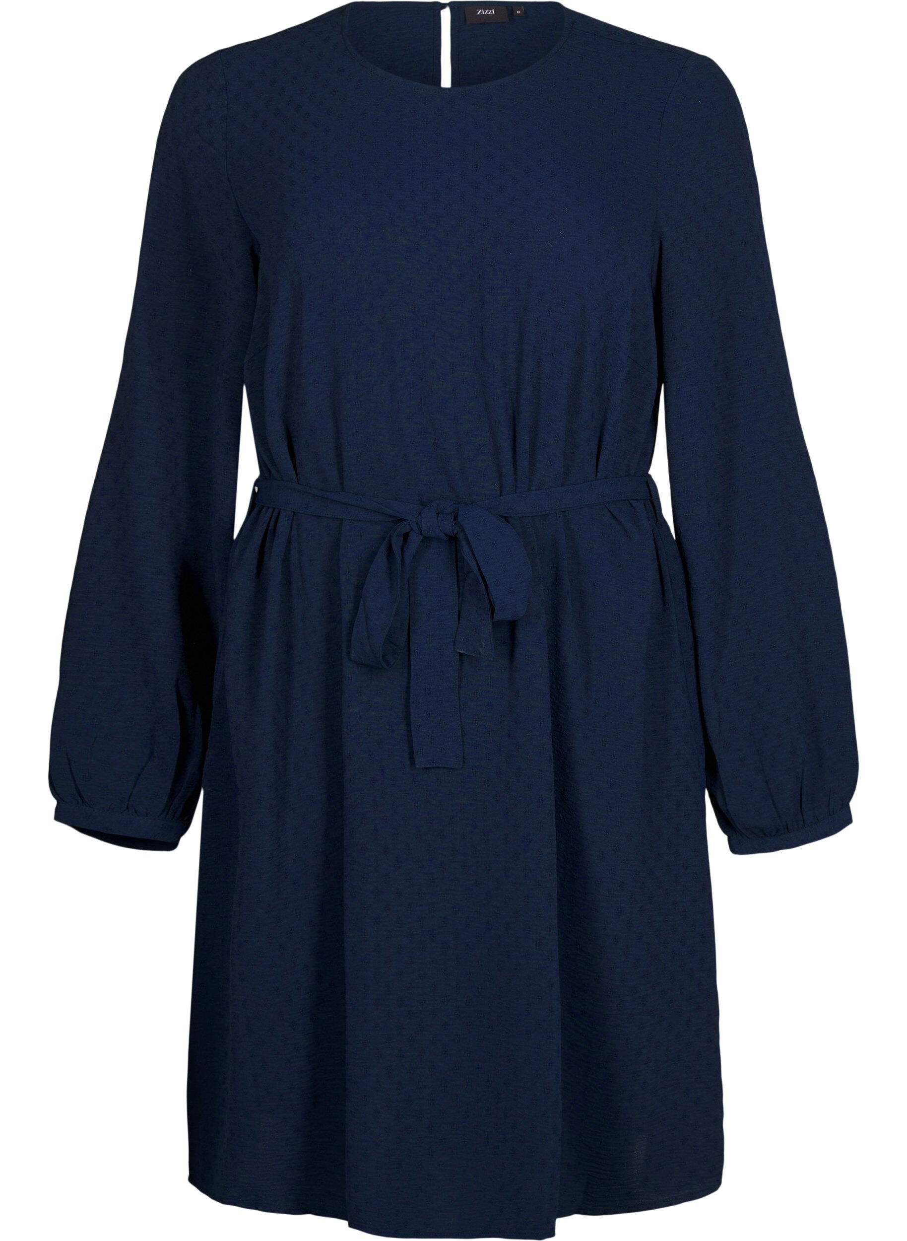 Zizzifashion Short textured dress with a tie belt, Navy Blazer, Packshot image number 0