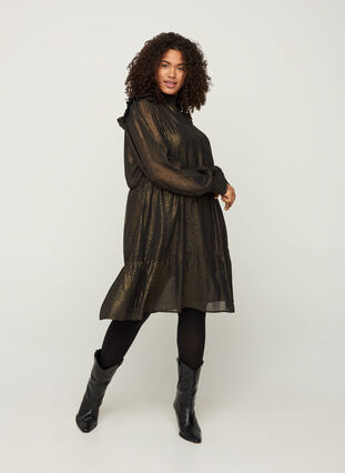 Long-sleeved dress with smocking and ruffles, Black w. Gold, Model image number 3