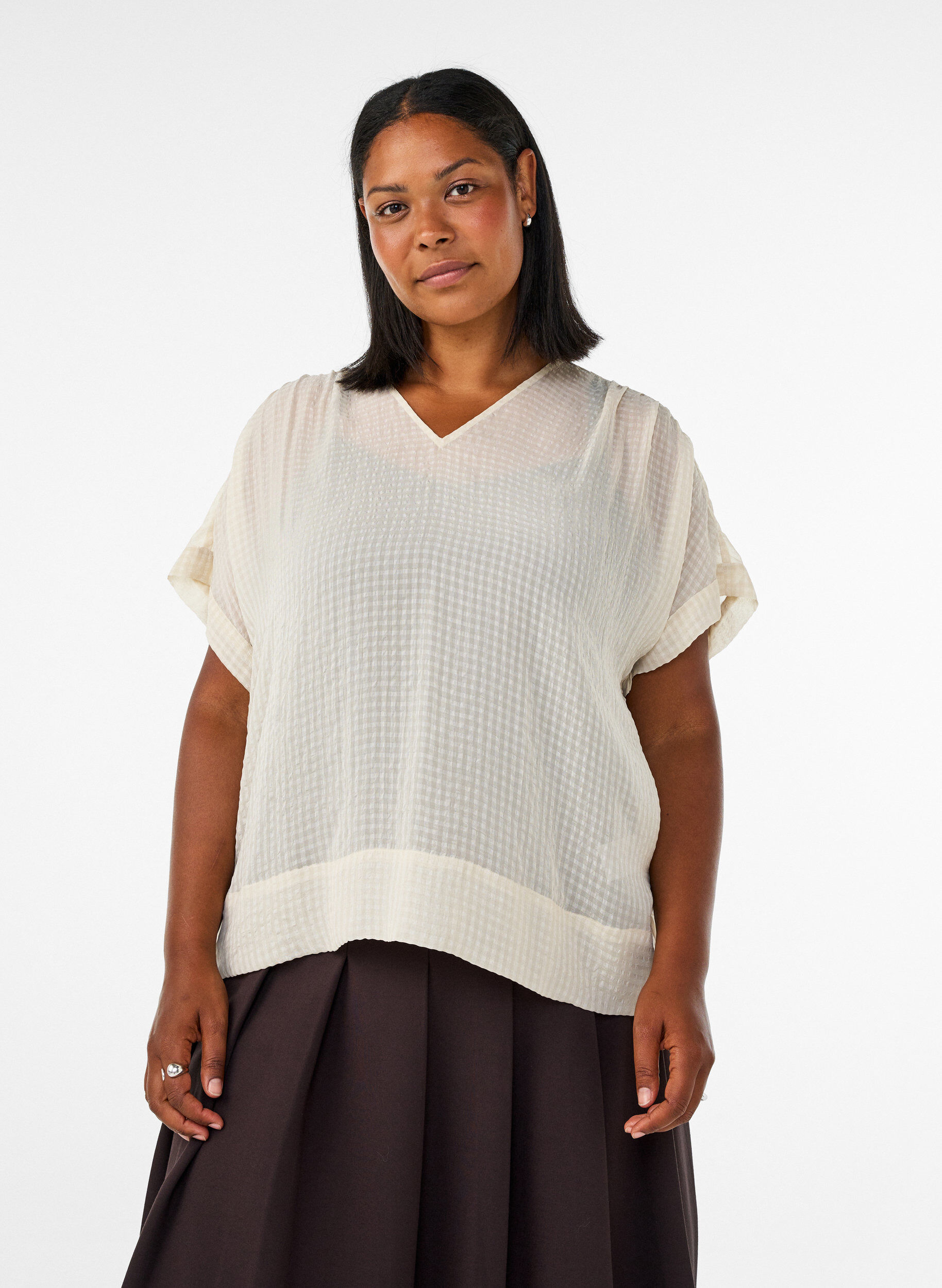 ZizzifashionSeersucker blouse with V-neck, Beige, Model image number 0