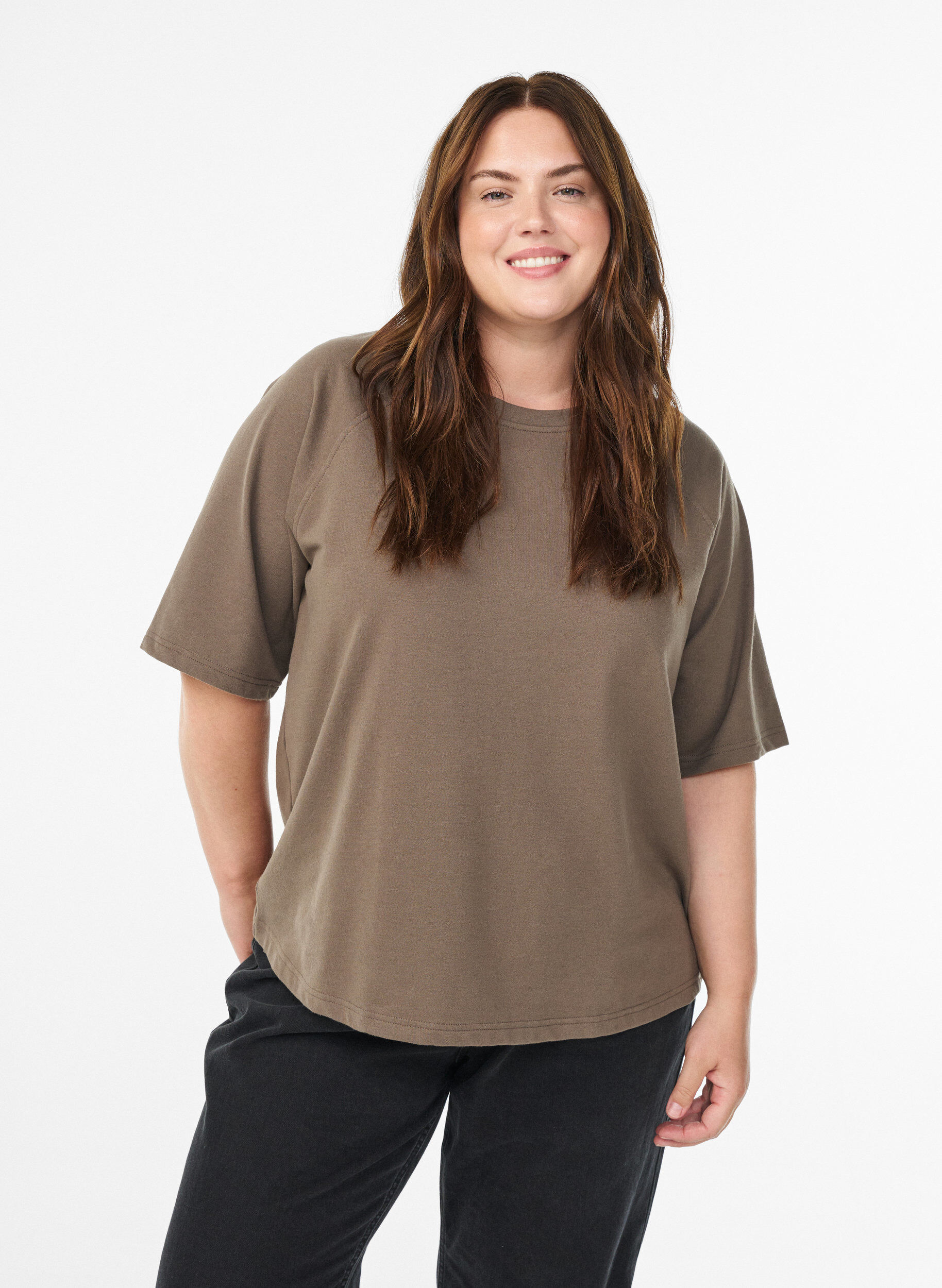 Zizzifashion Jersey blouse with 1/2 raglan sleeves, Brown, Model image number 0