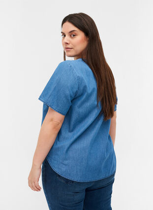 Short-sleeved denim blouse in cotton, Medium Blue Denim, Model image number 1