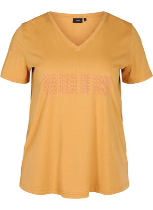 Cotton t-shirt with a v-neck and front print, Apple Cinnamon, Packshot image number 0
