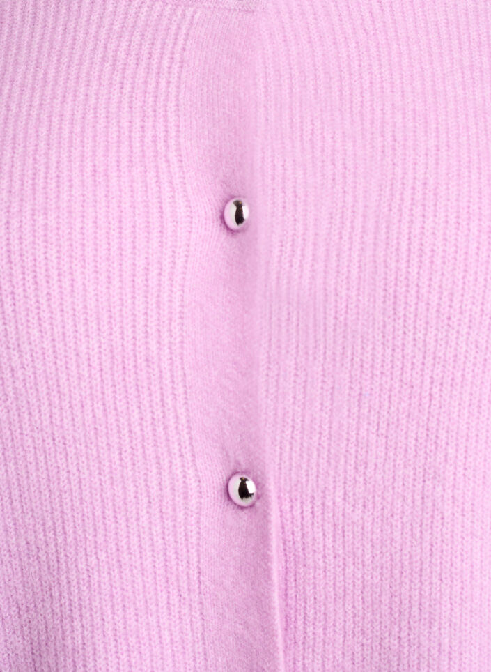 Short-sleeved knit cardigan with shiny ball buttons, Purple, Packshot