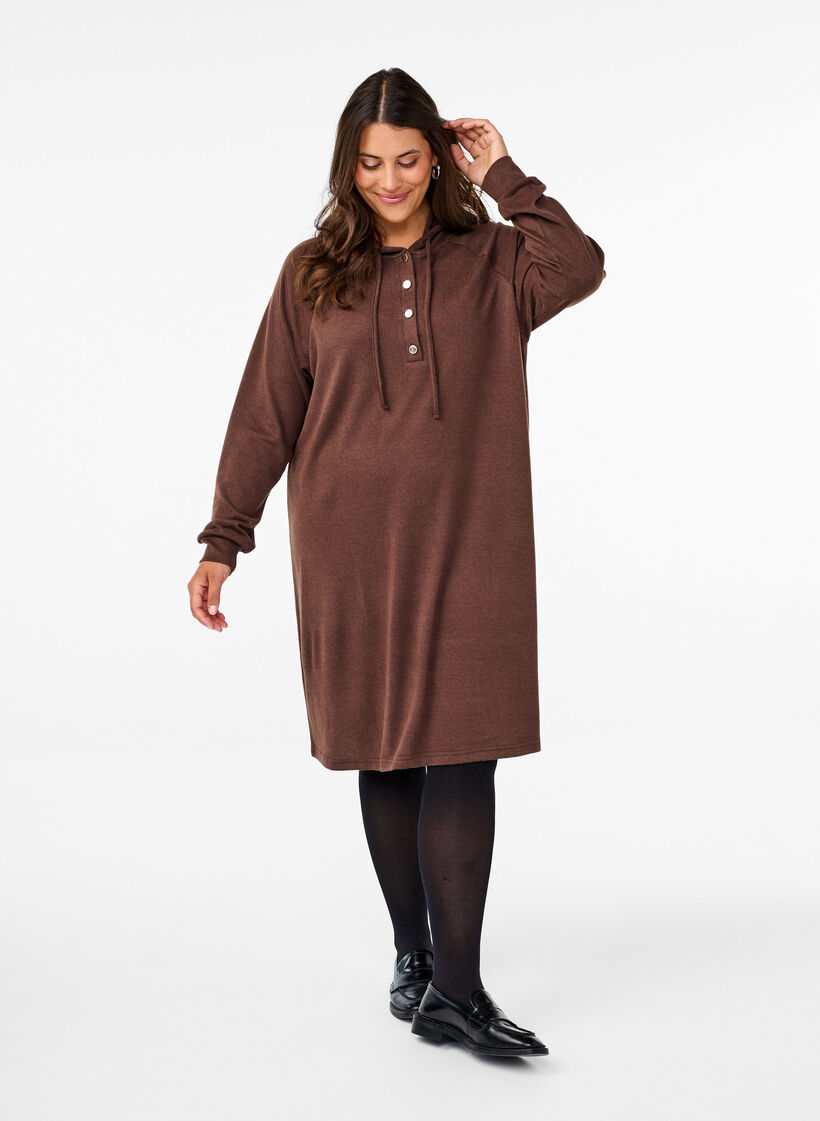 Long-sleeved sweat dress with hood, Chocolate M. Mél., Model image number 2