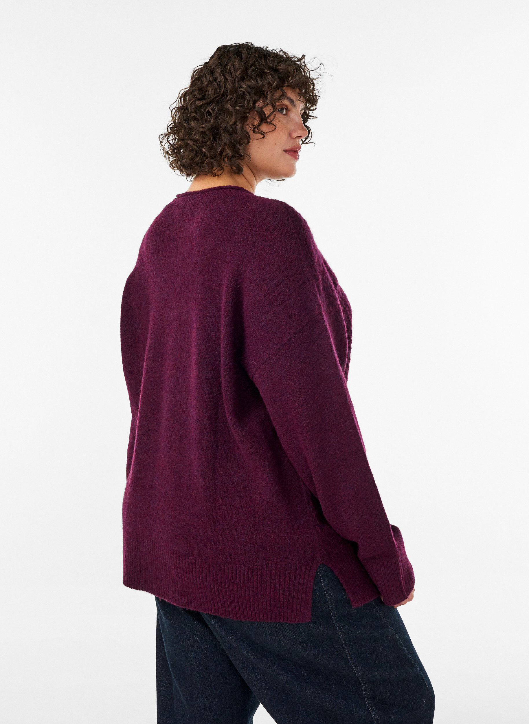 ZizzifashionKnitted blouse with V-shaped rib pattern and slits, Red, Model image number 2