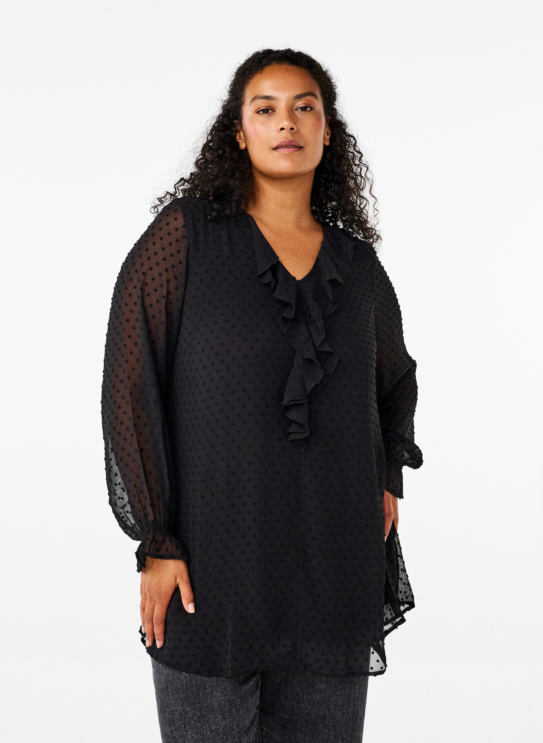 Zizzifashion Tunic with ruffles and dotted texture, Black, Model image number 0