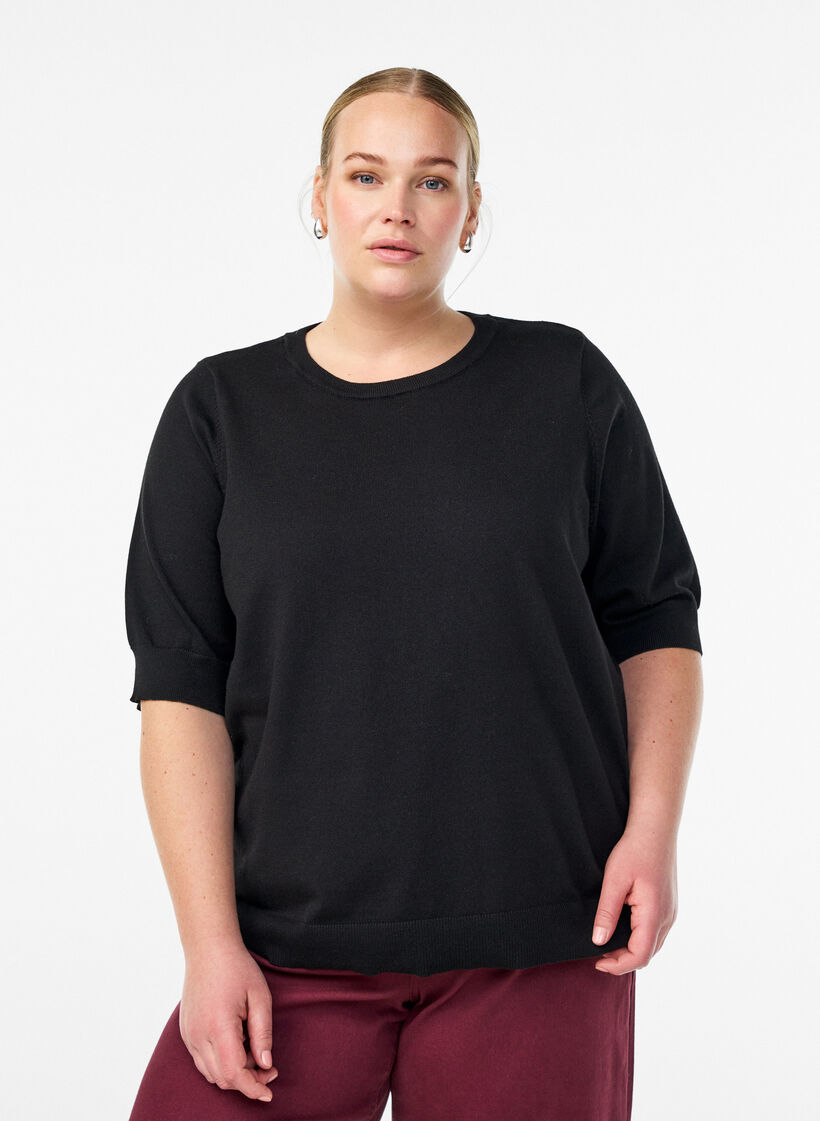 Fine-knit blouse with short sleeves., Black, Model image number 0