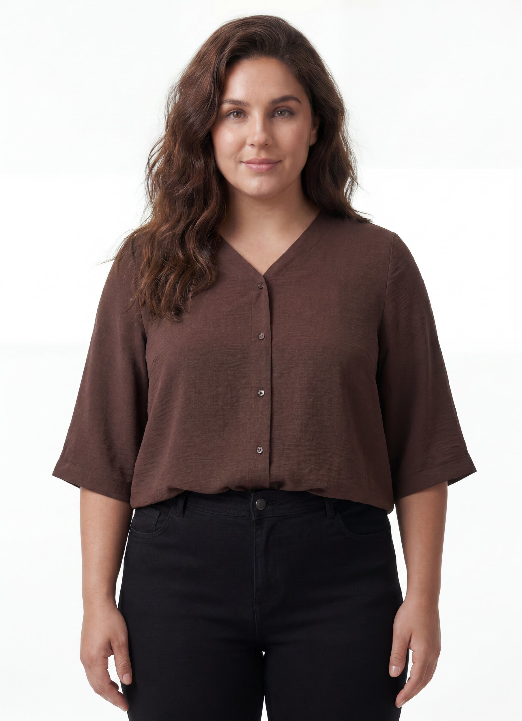 Shirt blouse with V-neck and 3/4 sleeves, Brown, Model
