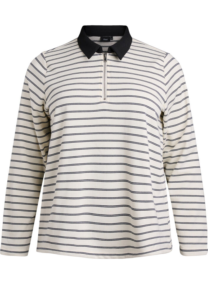Striped polo shirt with zipper, White, Packshot image number 0