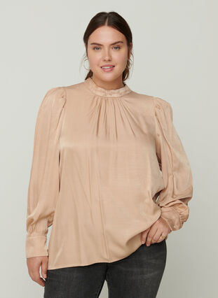 Blouse with long puff sleeves, Sand, Model image number 0