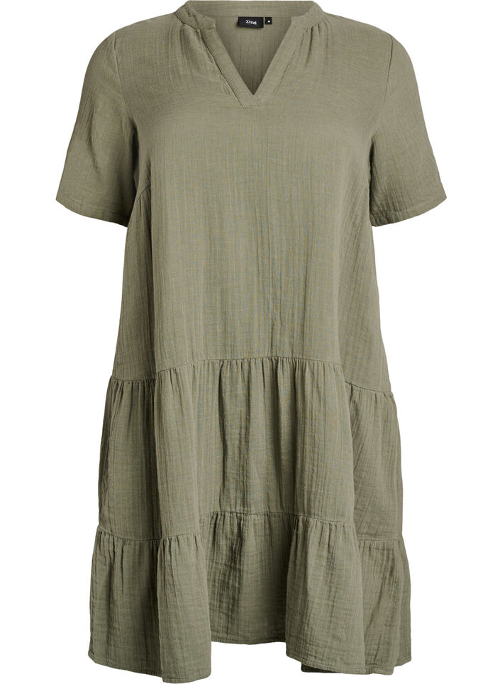 Short A-line dress in cotton muslin, Green, Packshot image number 0