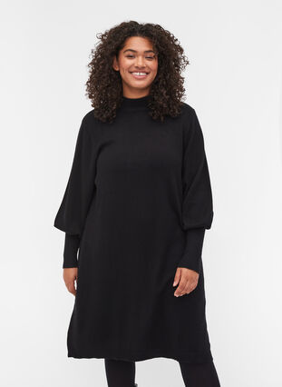Long-sleeved knitted dress with rounded neckline, Black, Model image number 0